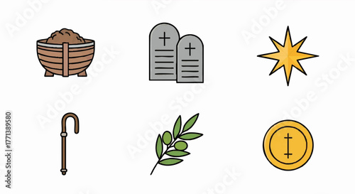 A set of biblical and Christian icons. Religious symbols including the Ten Commandments, Star of Bethlehem, and shepherd's staff. Flat cartoon vector illustration.