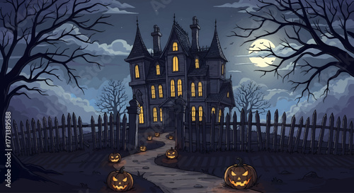 Spooky Haunted Mansion on a Foggy Halloween Night with Jack-o'-Lanterns