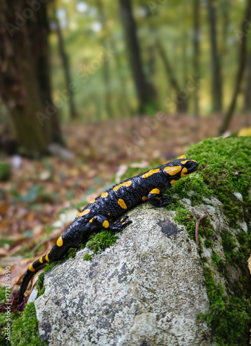 A fire salamander (Salamandra salamandra) resting on a moss-covered rock in a humid forest of the Bükk Mountains, Hungary. Its vivid yellow spots contrast with the green and brown woodland tones.
