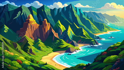 Very beautiful aerial view of the Na Pali Coast in Kauai, Hawaii, featuring dramatic green cliffs, deep valleys, and turquoise ocean waters, creating a breathtaking and iconic tropical paradise landsc