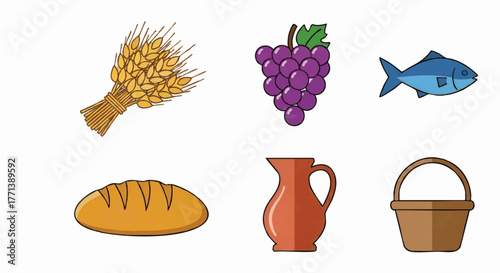 A set of religious icons for harvest and sustenance. Christian symbols for communion including wheat, bread, fish, grapes, a pitcher, and a basket. Simple vector illustration