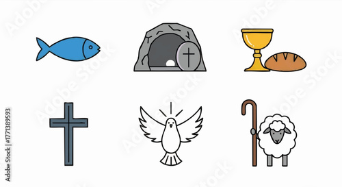 A set of christianity icons representing faith and resurrection. Includes the cross, empty tomb, holy spirit dove, and lamb of god. Flat outline vector illustration