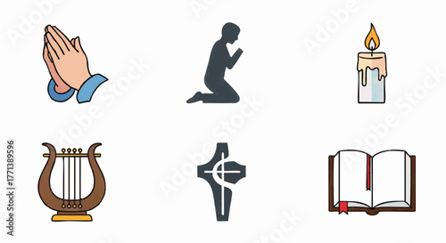 Christian prayer and worship icon set. Collection of religious symbols including a cross, bible, and praying hands. Simple flat vector illustration