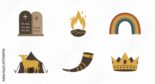 Old Testament symbols icon set. Collection of religious vector illustrations. Flat design graphics for church and faith concepts