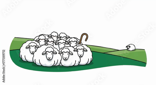 A simple cartoon illustration of the Parable of the Lost Sheep. A flock of ninety-nine sheep and one lost lamb. Christian vector graphic