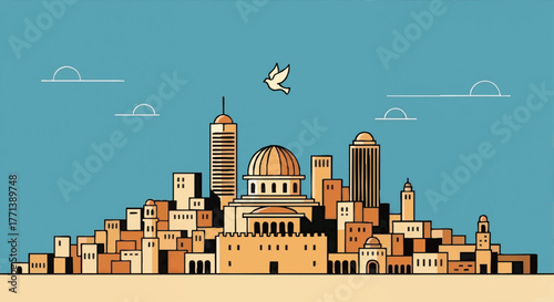 Vector illustration of the Jerusalem skyline. Flat design cityscape with the Dome of the Rock and a peace dove. Middle Eastern travel and cultural landmark graphic