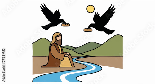 The Prophet Elijah fed by ravens in the wilderness. Biblical Old Testament story vector illustration. Flat design cartoon graphic for religious education