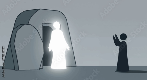 Biblical illustration of the resurrection. A glowing figure emerges from a stone tomb. Minimalist vector art for Easter and faith concepts