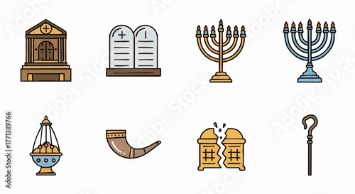 Sacred objects icon set for religion and faith. Judaism and christianity symbols collection. Simple colored outline vector illustration