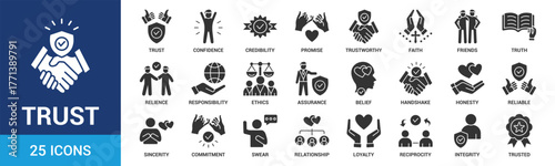 Trust icon set. Containing confidence, credibility, promise, trustworthy, friends, truth, faith, sincerity and honesty. Vector Glyph icons collection.