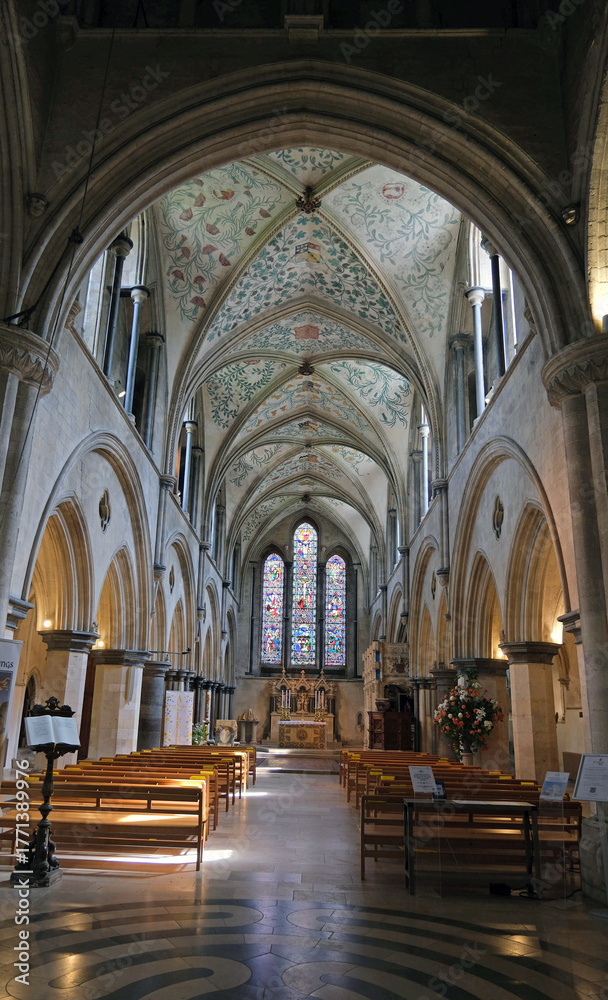 Fototapeta premium Magnificent Interior View of the Medieval Nave and Tudor Painted Ceiling in St Mary and St Blaise Church, Boxgrove Priory, West Sussex