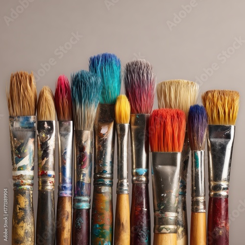 Collection of colorful paintbrushes arranged neatly on a neutral background for artistic inspiration