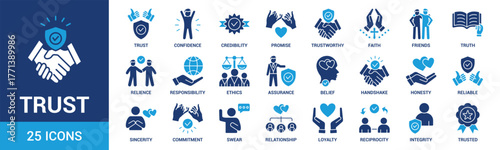 Trust icon set. Containing confidence, credibility, promise, trustworthy, friends, truth, faith, sincerity and honesty. Vector Solid icons collection.