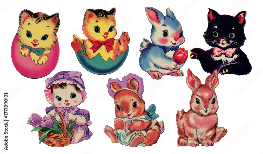 Fototapeta premium Vintage Easter Illustrations of Cute Animals in Various Colors and Shapes Isolated