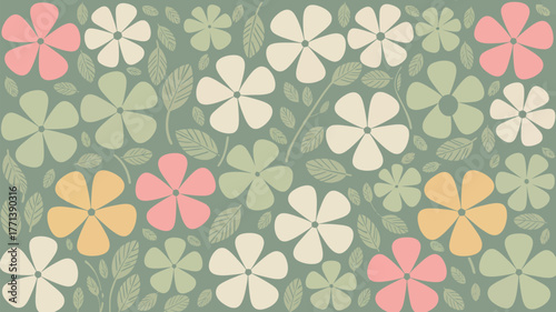 A floral pattern with pink white yellow and green flowers with leaves on a green background