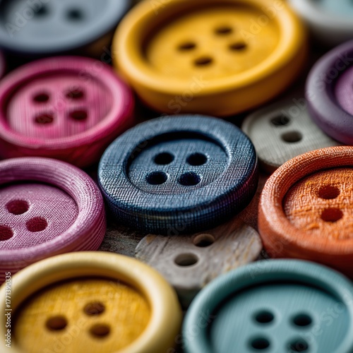 Colorful assortment of buttons featuring multiple designs and textures on a wooden background