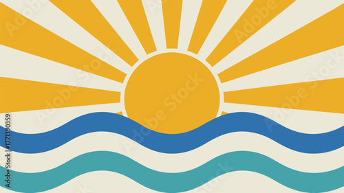 Illustration of a yellow sun with rays over stylized blue waves against a beige background