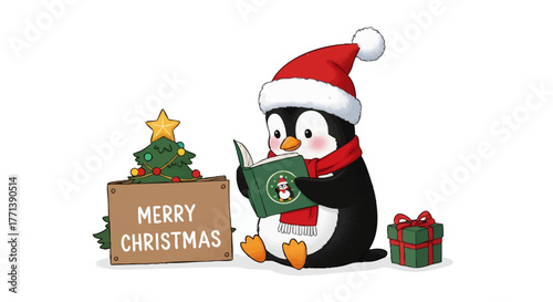 Adorable penguin in festive attire reads a Christmas carol next to a decorated tree and a gift