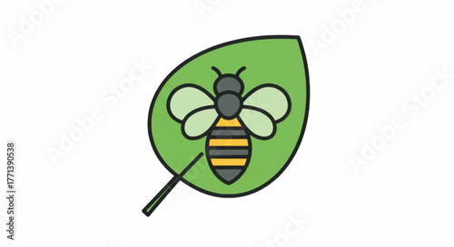 Honey Bee Resting on a Green Leaf Illustration.