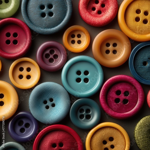 Colorful assortment of sewing buttons arranged artistically on a textured background