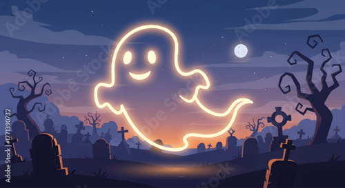 Spooky Ghost Haunting a Graveyard at Night with a Full Moon