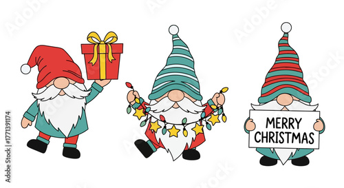 A festive collection of three cute cartoon Christmas gnomes celebrating the winter holiday with a gift, lights, and a sign