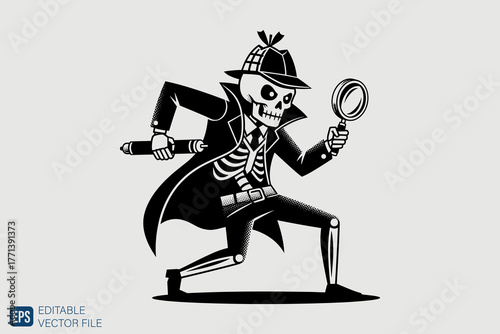 Skeleton Detective Investigating with Magnifying Glass and Flash