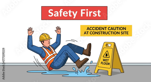 Safety First Wet Floor Accident Caution Signage at Construction Site