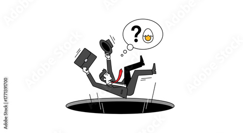 Unforeseen Business Challenge Businessman Tumbling into a Pit of Uncertainty with a Perplexing Egg Dilemma