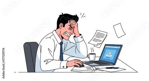 An overworked and exhausted employee experiencing professional burnout, feeling anxious and angry while working on his laptop at the office desk