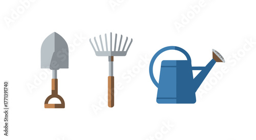 Gardening Tools Simple Illustration Shovel Rake Watering Can