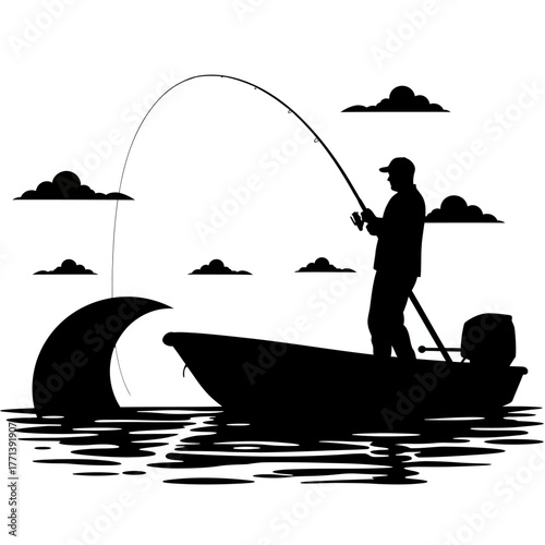 Fisherman Battling a Huge Fish from a Boat - Vector Silhouette Illustration