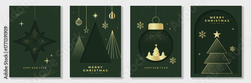 Modern green Christmas card vector set with minimalist gold stars, baubles and festive elements, perfect for contemporary greeting cards, event posters and seasonal wall art