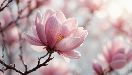 A beautiful pink magnolia flower blossom with delicate petals is isolated on a white background, highlighting its spring beauty