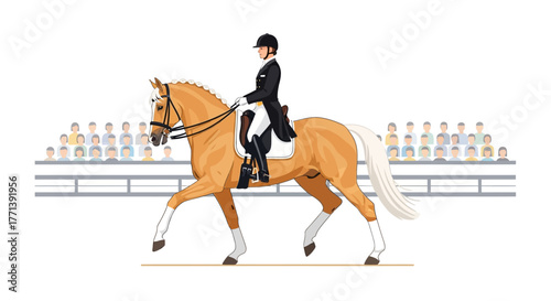 Vector illustration of a woman riding a beautiful golden palomino horse in a formal dressage competition