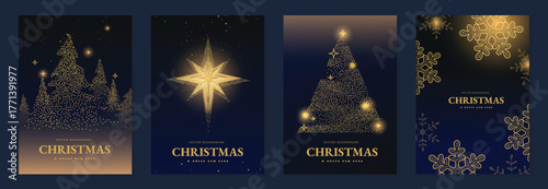 Luxury Christmas greeting card vector pack with golden glitter tree, festive ornaments and star lights, great for greeting cards, posters, invitations and luxury branding