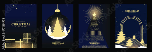 Luxury Christmas card vector set with golden tree, star and festive gift design, perfect for holiday greeting cards, wall art, posters and elegant packaging