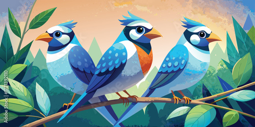 Elegant Bali Starlings with White Feathers and Blue Eye Rings – Exotic Tropical Bird Vector Illustration