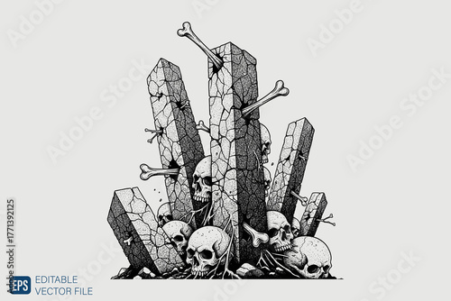 Pile of Skulls and Broken Tombstones in a Graveyard.