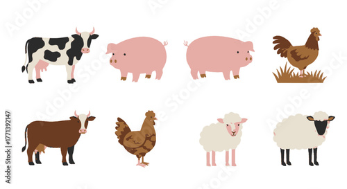 Cartoon Farm Animals Set Cow Pig Sheep Chicken Isolated Illustration