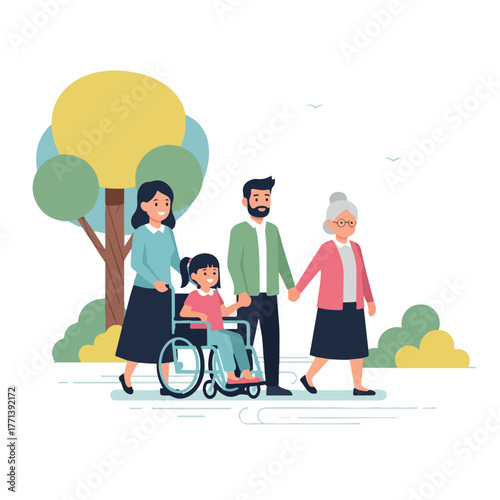 Happy multi-generational family walking together with disabled child.