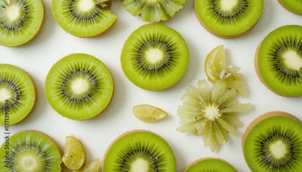 Fototapeta premium Kiwi fruit sliced and arranged neatly on white background, bright studio light