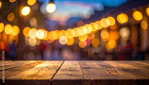 Rustic Wooden Table with Blurred Bokeh Lights Background.