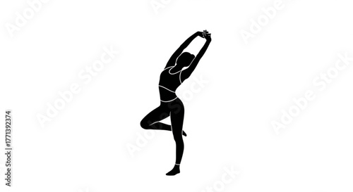 Silhouette of a woman in a yoga pose, balancing on one leg with arms raised overhead, promoting strength and balance