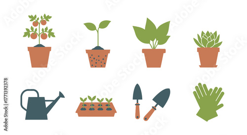 Gardening Icons Collection Cute Plants and Tools Vector Illustration