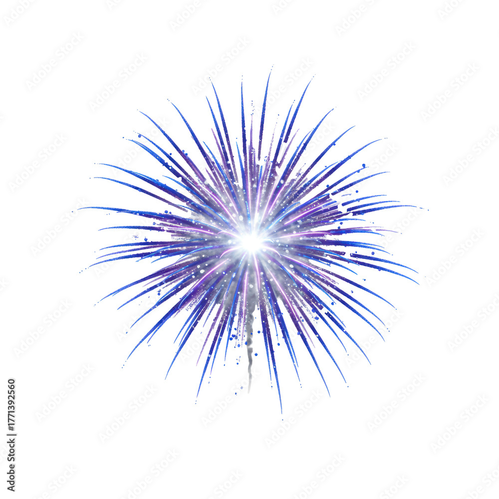 Naklejka premium Vibrant, stylized firework explosion with glowing silver core, blue and violet light, glittering particles on transparent with copy space, festive celebration concept