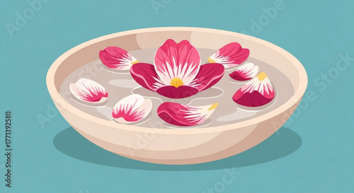 A bowl of water with floating flower petals, creating a peaceful and spalike atmosphere, perfect for relaxation and wellness treatments