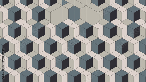 Geometric pattern featuring repeating cubes in shades of gray and beige creating an optical illusion