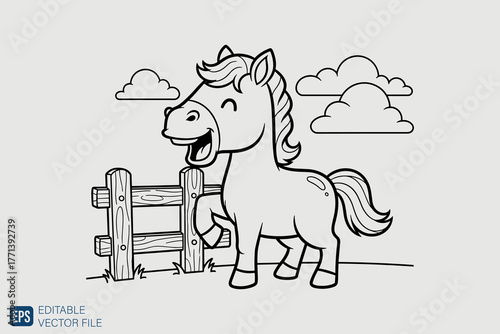 Happy Cartoon Horse Standing Next to a Wooden Fence.