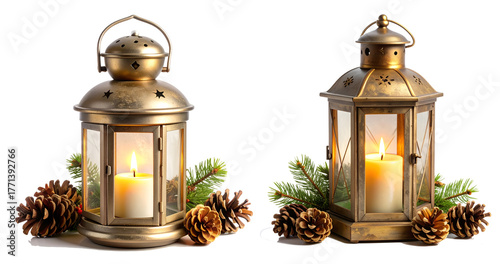 Vintage brass lanterns with glowing candles, pinecones, and evergreen branches creating a warm festive ambiance.